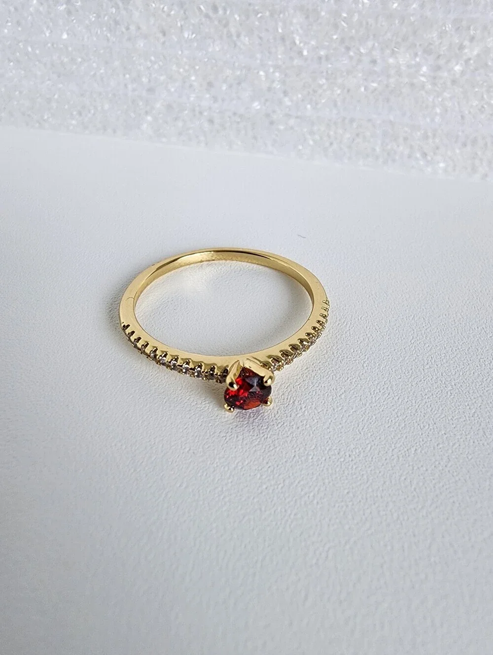 Gold Plated Garnet Red Solitaire Ring CZ Pave Band Dainty Stackable Size 7